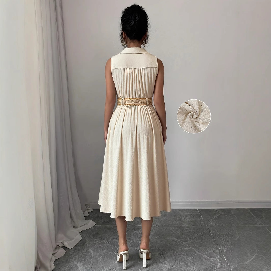 V-Neck Sleeveless Waistband A-Line Shirt Dress