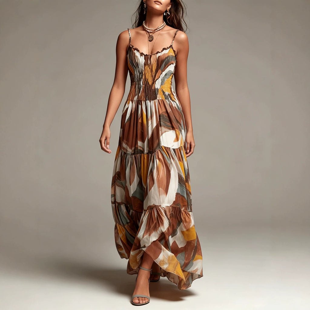 Geometric Print Pleated Waist Maxi Dress with Pockets