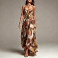 Geometric Print Pleated Waist Maxi Dress with Pockets